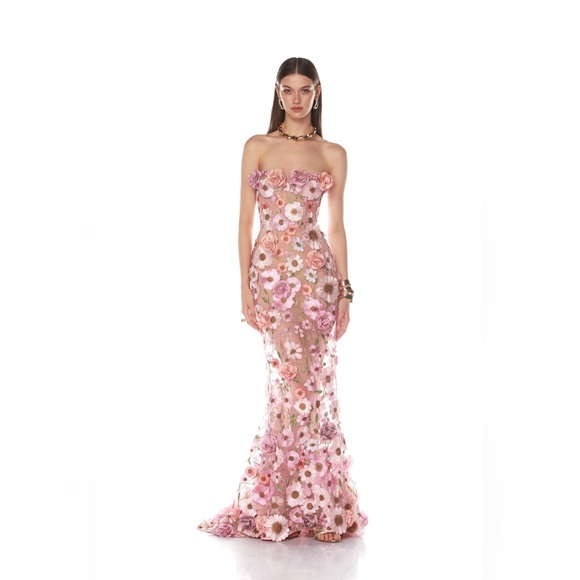 NWOT Bronx and Banco Jasmine Gown in Pastel Pink Multi Floral Strapless Gown - Picture 1 of 16